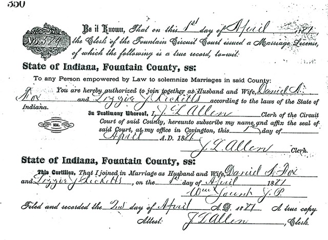 Daniel A Fox Elizabeth J Ricketts marriage license 