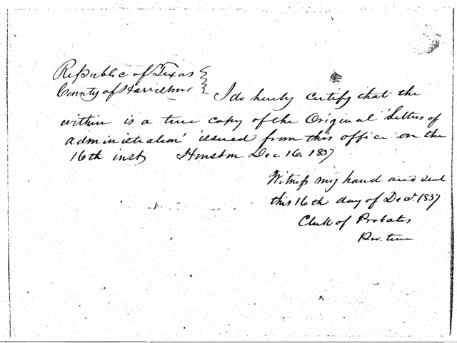Clerk of Probate Copy of Original Letters of Admin 