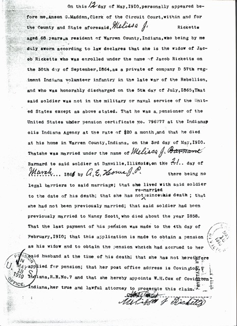 Melissa J Barnard Ricketts statement 1910 