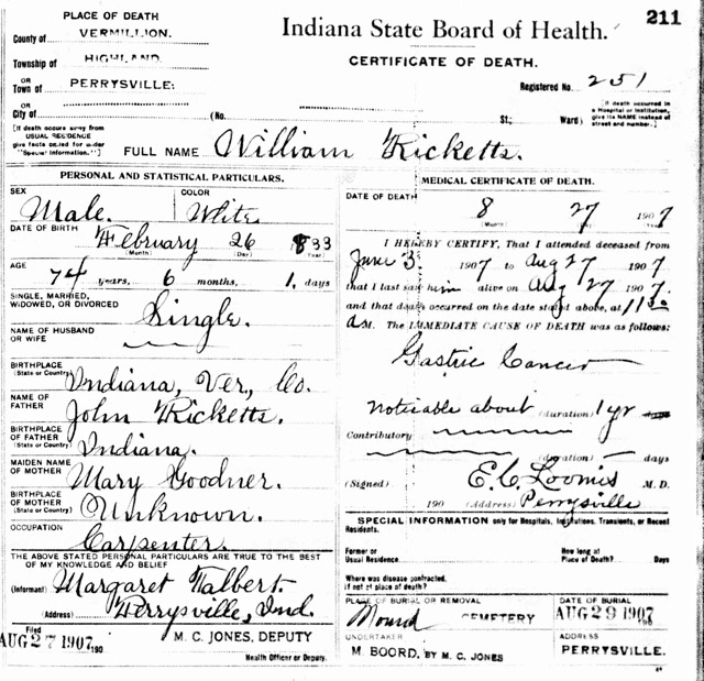 William Ricketts death certificate child of John and Mary Goodner Ricketts
