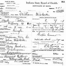 William Ricketts death certificate child of John and Mary Goodner Ricketts