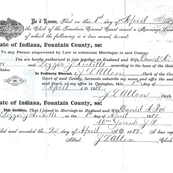 marriage license Daniel A Fox Elizabeth Jane Ricketts 