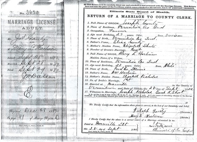 Joseph P Gouty Mary Luella Hartman marriage license 