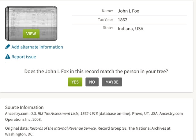John L Fox 1862 IRS tax