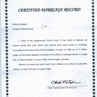 John C. Worth - Matilda Horn marriage certified record  .jpg