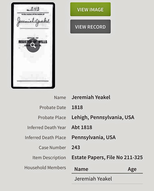 Jeremiah Yeakel estate